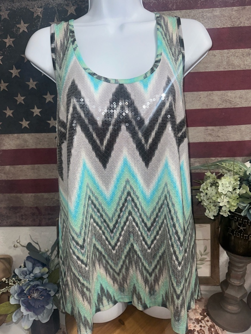 INC International Concepts Mint, Teal & Gray Chevron Sequin Tank Top